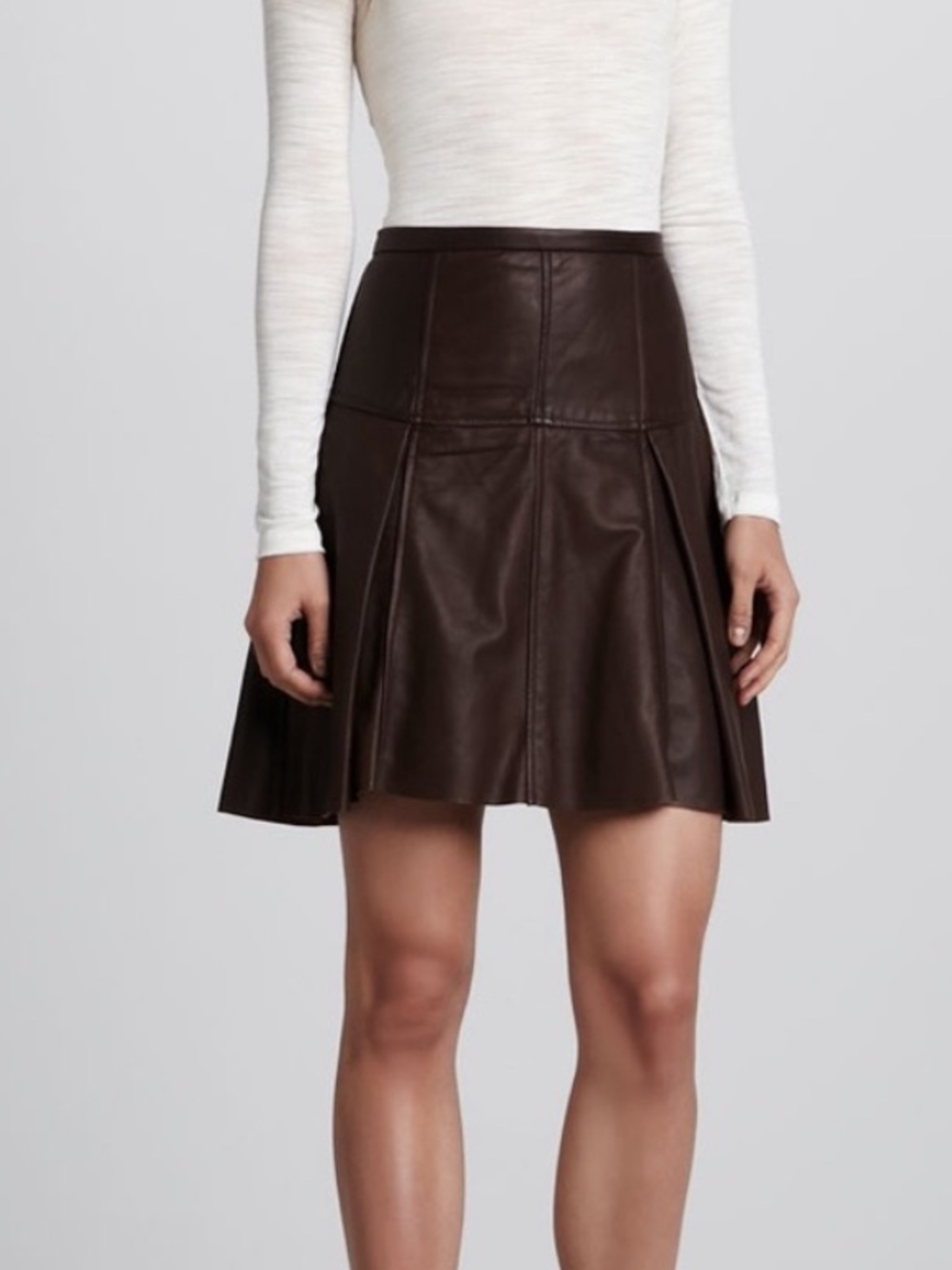 Halston Heritage chocolate brown leather pleated mini skirt academia